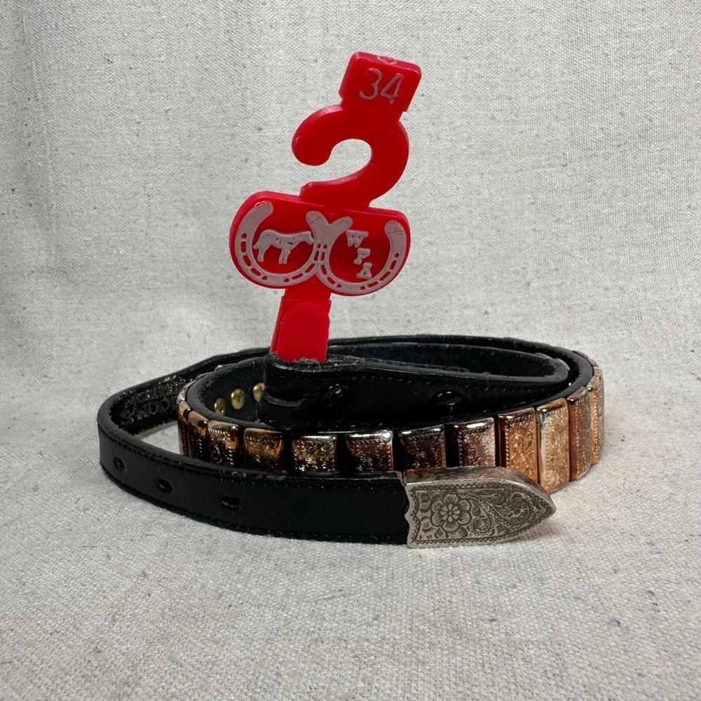 Nocona Belt Co Mens Black‎ Leather Western Belt Silver Copper Ornate Plates 34